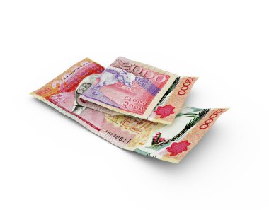 Çift 2000 Mauritian Rupisi 'nin 3D görüntülemesi beyaz arkaplanda izole edildi