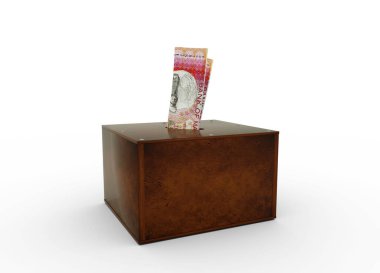 Mauritian Rupisi tahtadan tasarruf kutusunun içinde. Genel Tasarruf Bankası, Penny Bankası, Para Kutusu. 3d oluşturma