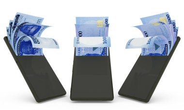 Nigerian naira notes inside a mobile phone. money coming out of mobile phone. 3d rendering of set of mobile money transaction concept. money from Phone