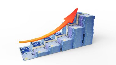 Nijerya naira notlarından oluşan finansal büyüme işareti. Beyaz arkaplanda izole edilmiş bir çubuk grafik şeklinde düzenlenmiş üç boyutlu Naira para oluşturma