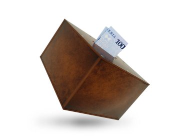 Nijerya naira 'sı tahtadan tasarruf kutusuna notlar yazıyor. Genel Tasarruf Bankası, Penny Bankası, Para Kutusu. 3d oluşturma