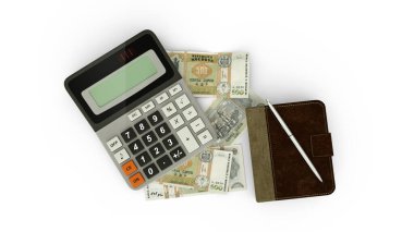Moldova leu notları, bir hesap makinesi, bir defter ve bir kalemin izole edilmiş bir bileşiminin 3D görüntülenmesi