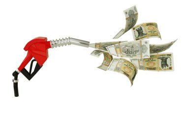Yakıt pompasından çıkan yeni Moldova leu notlarının 3D görüntüsü. Moldova leu etrafta uçarken kırmızı yakıt başlığı