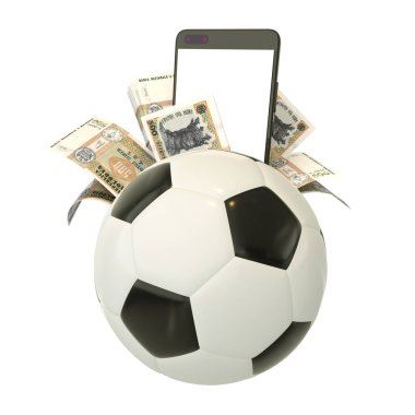 Moldovan leu notlarının 3 boyutlu yorumlanması ve futbol topunun arkasındaki telefon. Spor bahisleri, futbol bahisleri, beyaz arka planda izole edilmiş. maketleme
