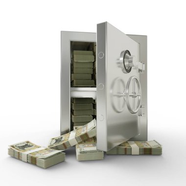 Çelik kasada bir sürü Moldova zambağı var. Metalik kasada üç boyutlu para yığını oluşturulması beyaz arka planda izole edilmiş, mali koruma kavramı, mali güvenlik.