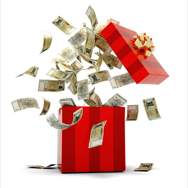 3D визуализация большого количества банкнот лея, выходящих из открытой красной подарочной коробки