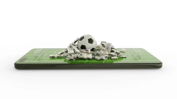 手机投注的3D渲染 足球和摩尔多瓦在手机屏幕上的笔记 智能手机屏幕上的足球场被白色背景隔离 押注和赢取概念 — 图库照片#