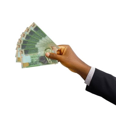 Beyaz zemin üzerinde Yeni Ürdün dinarı notaları tutan siyah elli, üç boyutlu görüntüleme