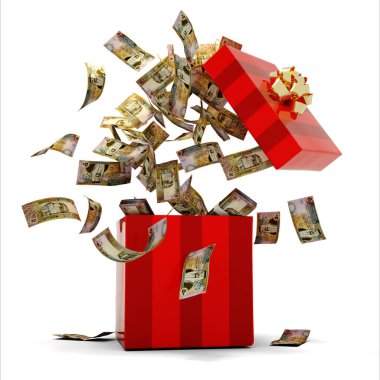 3D rendering of A lot of Jordanian dinar notes coming out of an opened red gift box