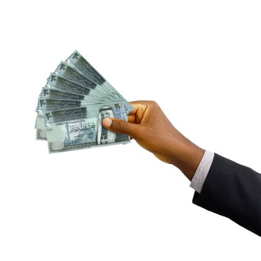 Üç boyutlu takım elbiseli siyah el, beyaz arka planda izole edilmiş Ürdün dinarı notaları.