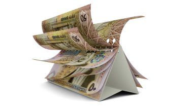 Beyaz arka planda izole edilmiş Ürdün dinar notlarından oluşan bir takvim. Para takvimi. Harcama. 3d oluşturma