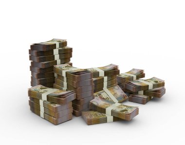 Ürdün dinarı yığını. Beyaz arkaplanda izole edilmiş 3d para demetleri