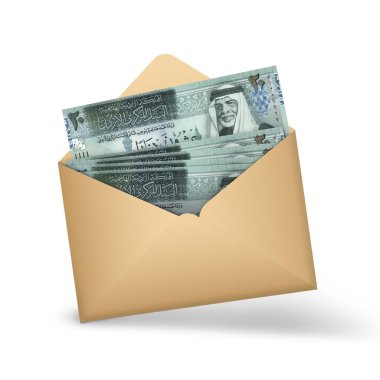 Ürdün Dinarı açık kahverengi bir zarfın içine notlar yazar. Açık bir zarfta üç boyutlu para illüstrasyonu