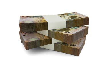 Ürdün 'e ait 1000 dinarlık banknotun 3D kopyası. Beyaz arkaplanda izole edilmiş birkaç dinar para paketi