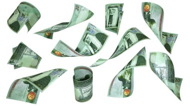Ürdün dinar notlarının üç boyutlu yorumlanması beyaz arka planda izole edilmiş farklı açılar ve yönelimler halinde uçuyor