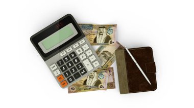 Ürdün dinar notları, bir hesap makinesi, bir not defteri ve bir kalem bileşiminin 3 boyutlu görüntülenmesi