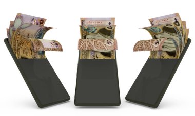 Ürdün dinarı bir cep telefonunun içinde. Para cep telefonundan geliyor. Mobil para aktarım konseptinin 3D yorumlanması. Telefondan para