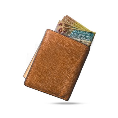 Kahverengi deri bir erkek cüzdanından çıkan 3 boyutlu Ürdün dinar notları. Cüzdanında Ürdün dinarı