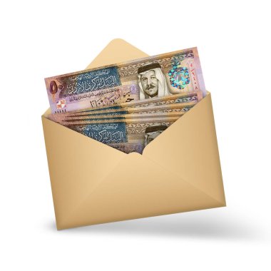 Ürdün Dinarı açık kahverengi bir zarfın içine notlar yazar. Açık bir zarfta üç boyutlu para illüstrasyonu