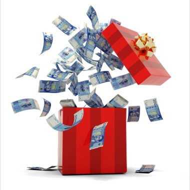 Beyaz arka planda izole edilmiş kırmızı bir hediye kutusundan çıkan bir sürü Fas Dirham notunun 3 boyutlu yorumlanması