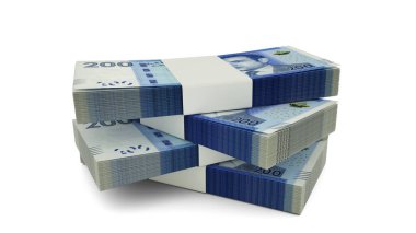 Fas Dirham 'ın notlarının 3D kopyası. Beyaz arkaplanda çok az miktarda Fas para birimi izole edilmiş