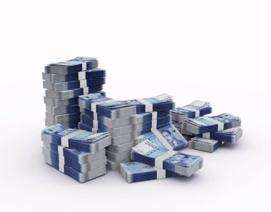 Fas Dirham notları yığını. Beyaz arkaplanda izole edilmiş 3d para demetleri