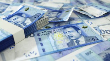 Masaya yayılmış Fas Dirhem notalarını kapatın. 3D para yüzeye saçıldı