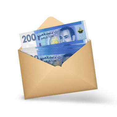 Açık kahverengi bir zarfın içine Fas Dirhem notaları. Açık bir zarfta üç boyutlu para illüstrasyonu