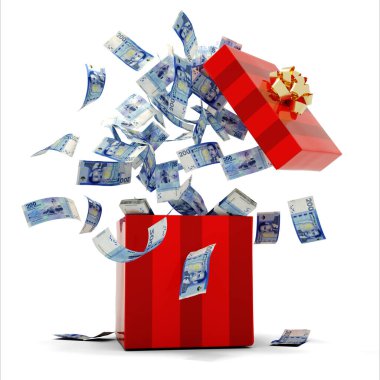 Beyaz arka planda izole edilmiş kırmızı bir hediye kutusundan çıkan bir sürü Fas Dirham notunun 3 boyutlu yorumlanması