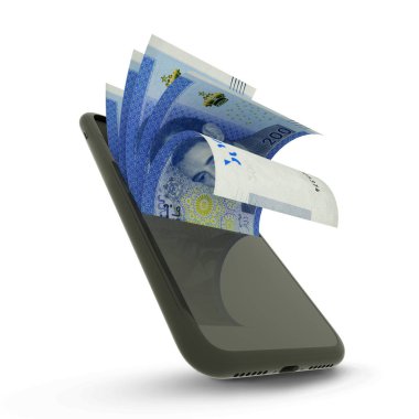 Bir cep telefonunun içinde Fas Dirhem notlarının 3 boyutlu yorumlanması. Cep telefonundan para geliyor.