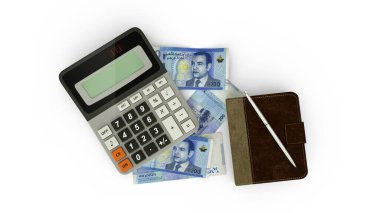 Fas Dirham notları, bir hesap makinesi, bir defter ve bir kalemin 3 boyutlu yorumlanması