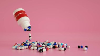 3D rendering of various popular social media logos as drug pills pouring out from a white bottle. social media addiction concept