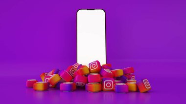 Mor zemin üzerinde Instagram logolarının ve cep telefonunun 3B görüntülenmesi