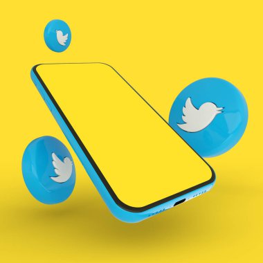 Sarı arkaplanda izole edilmiş twitter logolarıyla çevrili boş ekranlı 3B cep telefonu görüntüleme