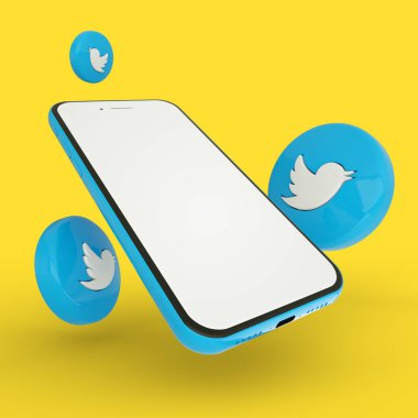 Sarı arkaplanda izole edilmiş twitter logolarıyla çevrili boş ekranlı 3B cep telefonu görüntüleme