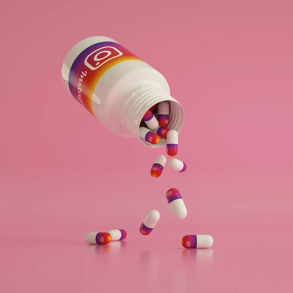 Rendering Instagram Logos Drug Pills Pouring Out White Bottle Social — Stock Photo, Image