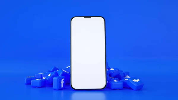 带有空白屏幕的手机3D渲染 脸书标识在蓝色背景下与后面隔离 — 图库照片