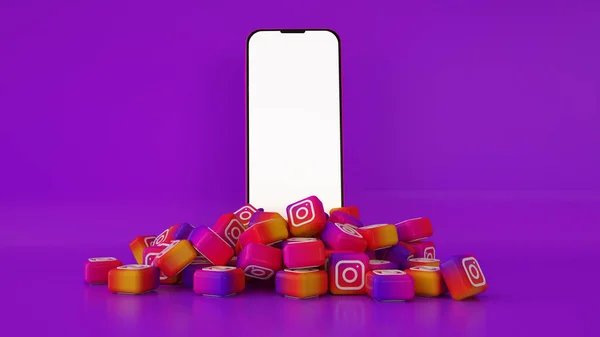 Renderowanie Logo Instagram Telefon Komórkowy Fioletowym Tle — Zdjęcie stockowe