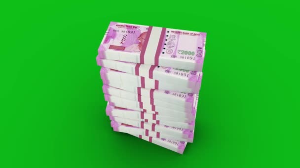 緑の床に落ちる200インドルピー紙幣のスタックの3Dアニメーション 背景をキーアウトまたは削除して カスタムの背景に置き換えることができます 3Dレンダリング — ストック動画