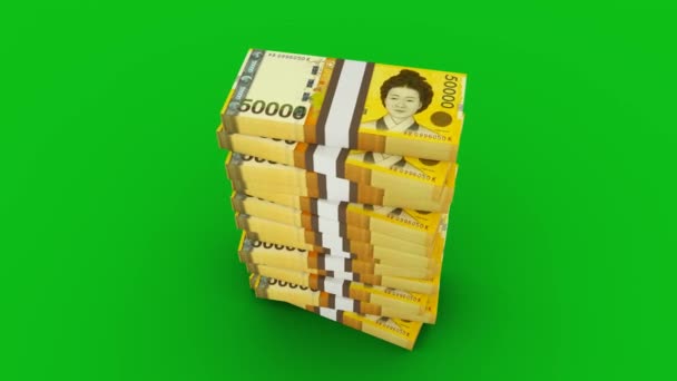 Animation Stacks 50000 South Korean Won Notes Falling Greenscreen Floor — Stock Video