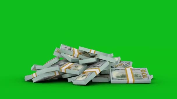 3D动画一堆堆100美元钞票掉在绿屏地板上 您可以锁定或删除背景以替换自定义背景 3D渲染 — 图库视频影像