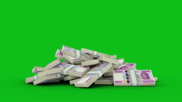 3D动画 一万张中部非洲法郎钞票落在绿屏地板上 您可以锁定或删除背景以替换自定义背景 3D渲染 — 图库视频影像