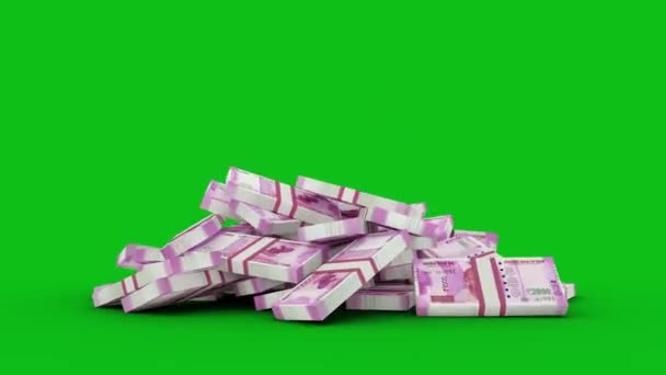 緑の床に落ちる200インドルピー紙幣のスタックの3Dアニメーション 背景をキーアウトまたは削除して カスタムの背景に置き換えることができます 3Dレンダリング — ストック動画