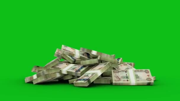 Animacja Stosów Banknotów Emiratów Arabskich Dirham Spada Zielonym Ekranie Podłogi — Wideo stockowe