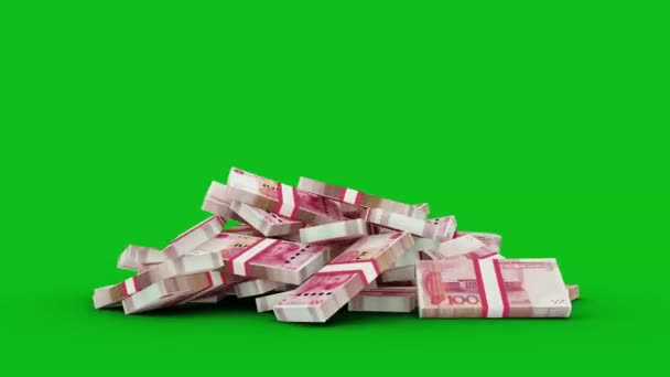 Анимация Стопки 100 Китайских Юаней Банкноты Падают Зеленый Экран Пола — стоковое видео