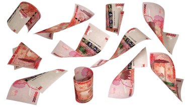 20.000 Ugandalı şilinin üç boyutlu çizimi farklı açılardan ve yönlerden uçan notlar beyaz arkaplanda izole edilmiş.