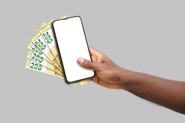 Boş ekran ve avro banknotlu siyah el cep telefonu