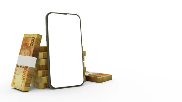 Rendering Eines Mobiltelefons Mit Leerem Bildschirm Vor Stapeln Südafrikanischer Rand — Stockfoto