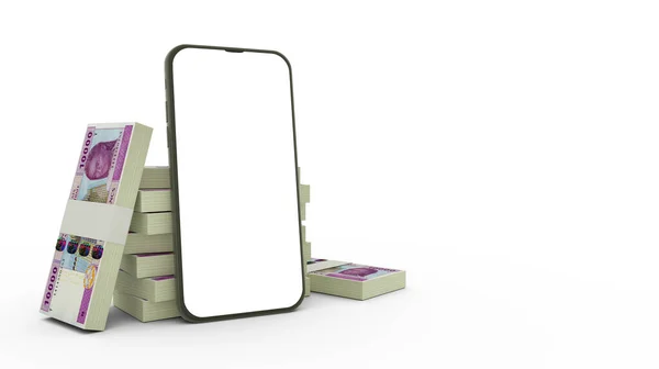 Рендеринг Мобильного Телефона Чистым Экраном Перед Стопками Банкнот Cfa Franc — стоковое фото