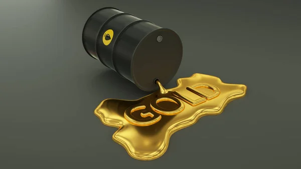 Oil in the form of liquid gold pouring out from black barrel. Oil is the new gold concept. 3d rendering